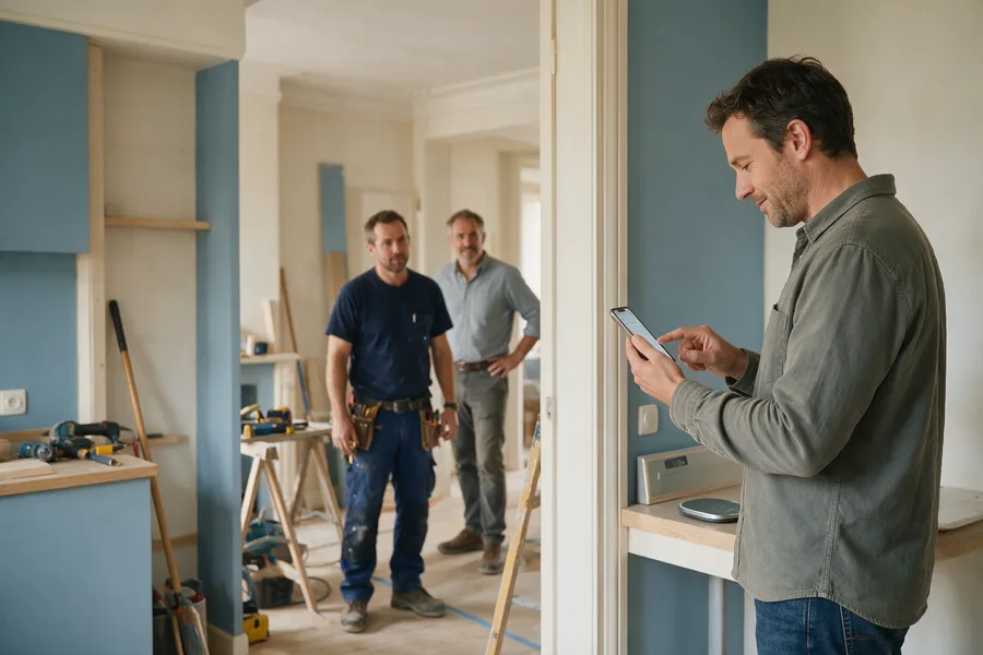 Artisans du bâtiment : un client relit son avis avant de le publier. Scène illustrative.