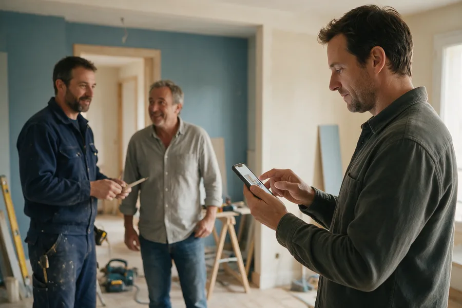Artisans du bâtiment : un client rédige son expérience sur son téléphone. Scène illustrative.