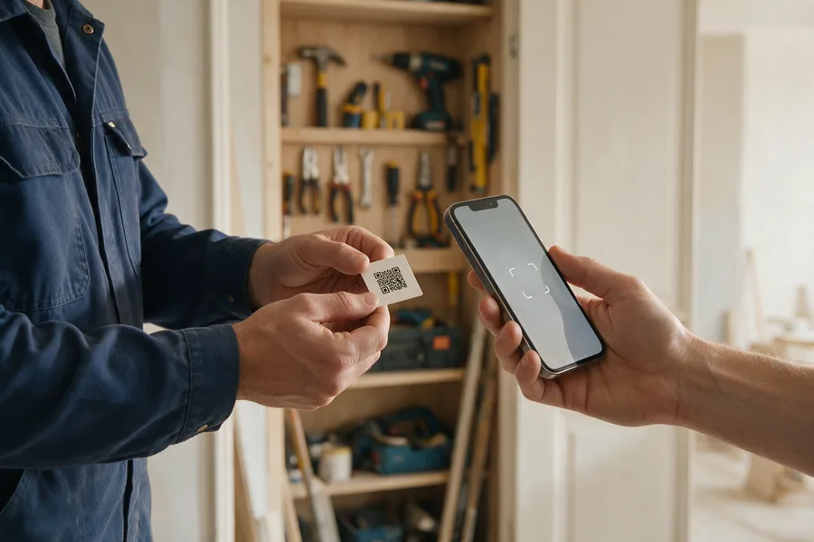Artisans du bâtiment : un client scanne un QR code. Scène illustrative.