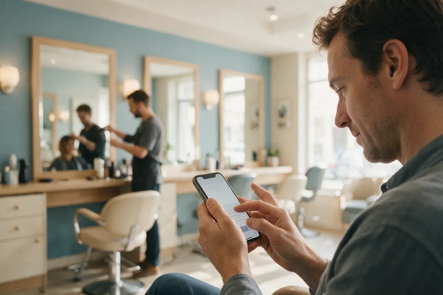 Coiffeurs : un client rédige son expérience sur son téléphone. Scène illustrative.