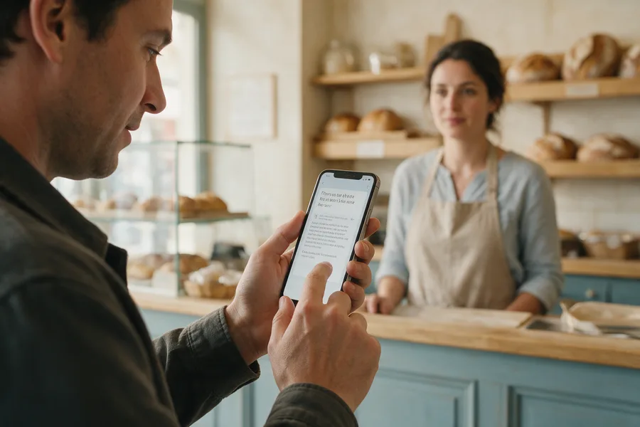 Commerces alimentaires : un client relit son avis avant de le publier. Scène illustrative.