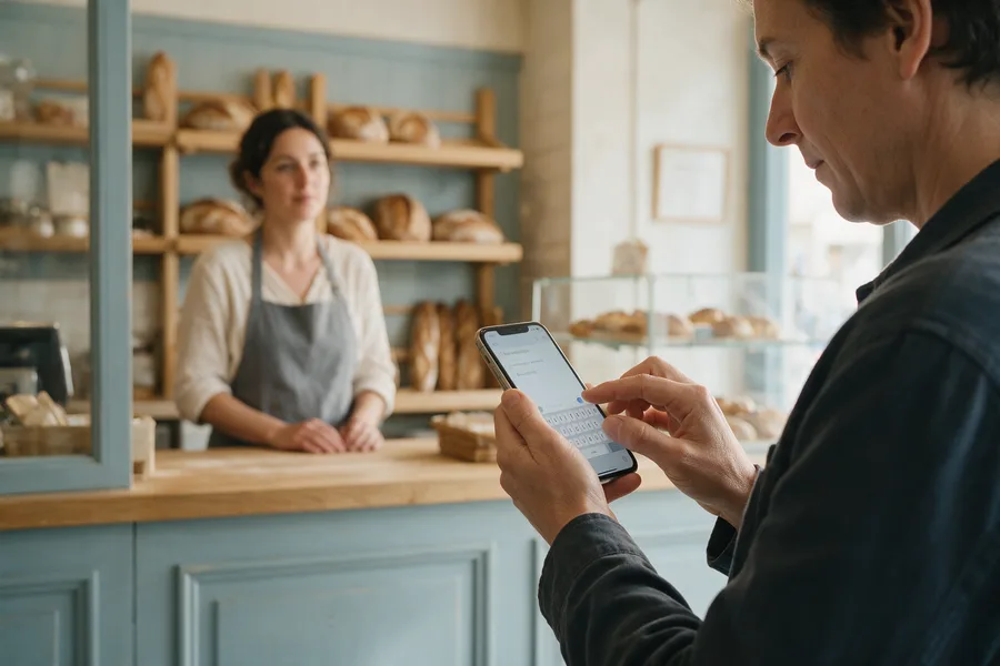 Commerces alimentaires : un client rédige son expérience sur son téléphone. Scène illustrative.