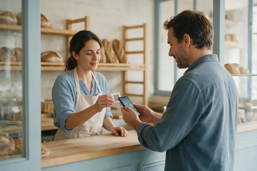 Commerces alimentaires : un client scanne un QR code. Scène illustrative.