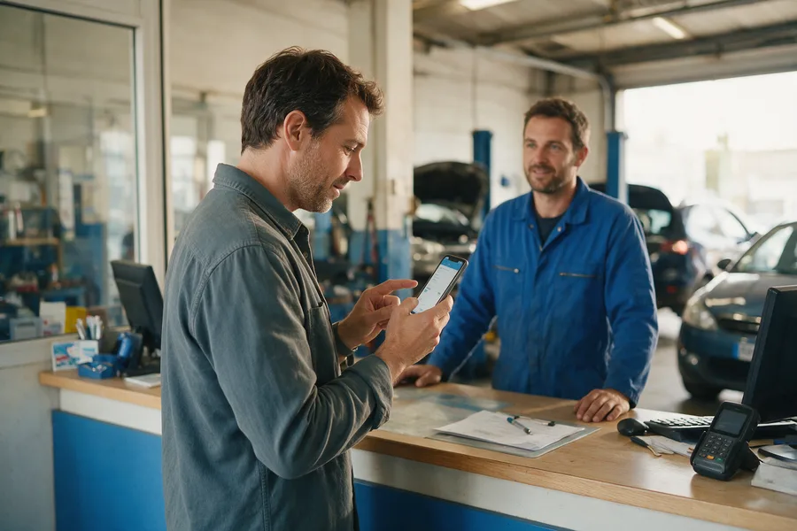 Garages : un client relit son avis avant de le publier. Scène illustrative.
