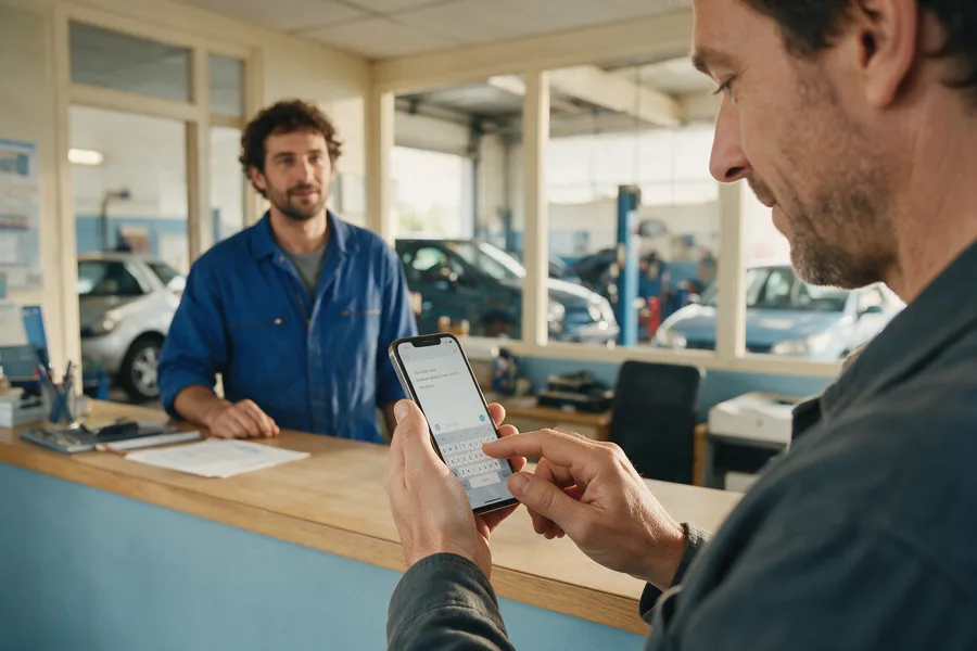 Garages : un client rédige son expérience sur son téléphone. Scène illustrative.