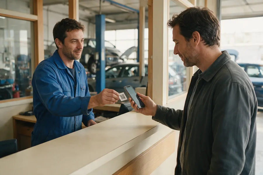 Garages : un client scanne un QR code. Scène illustrative.