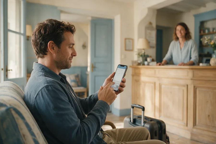 Hébergements touristiques : un client rédige son expérience sur son téléphone. Scène illustrative.