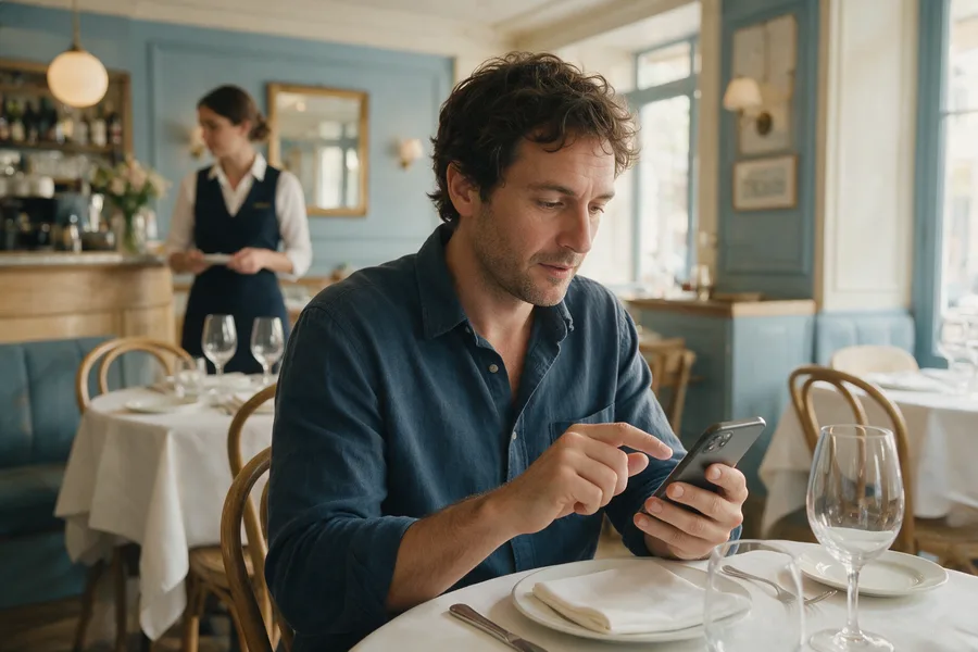 Restaurants : un client relit son avis avant de le publier. Scène illustrative.