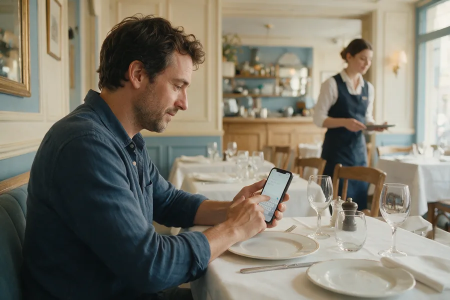 Restaurants : un client rédige son expérience sur son téléphone. Scène illustrative.