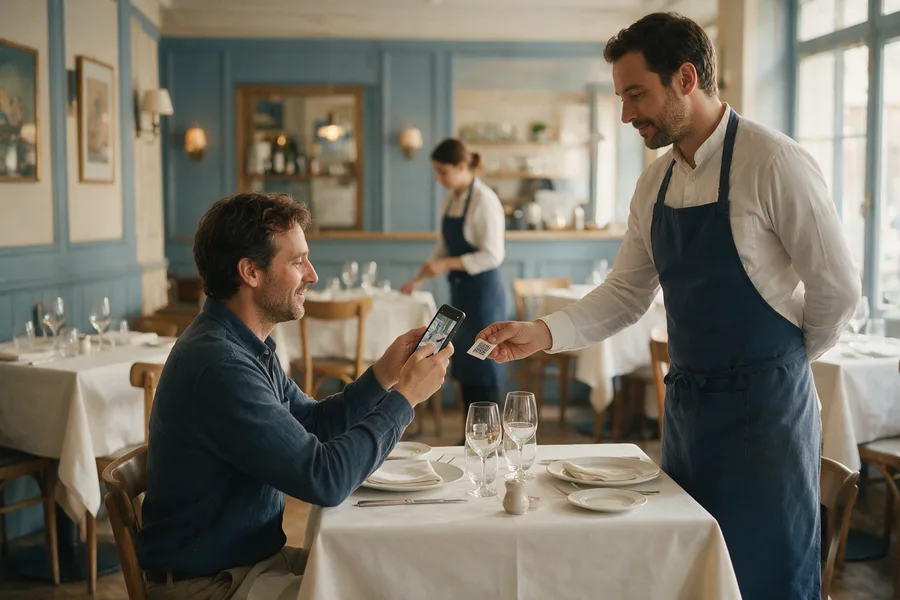 Restaurants : un client scanne un QR code. Scène illustrative.